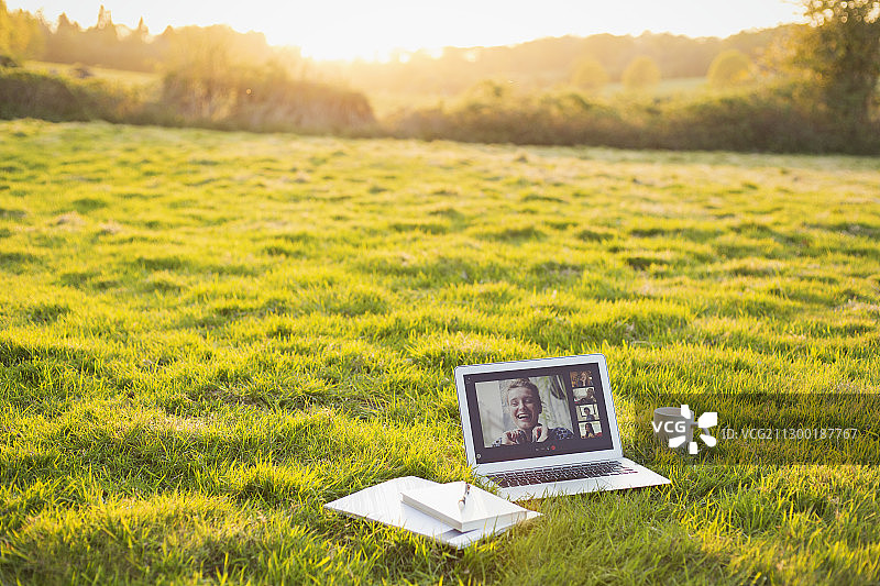 朋友们在阳光明媚的草地上通过笔记本电脑屏幕进行视频聊天图片素材