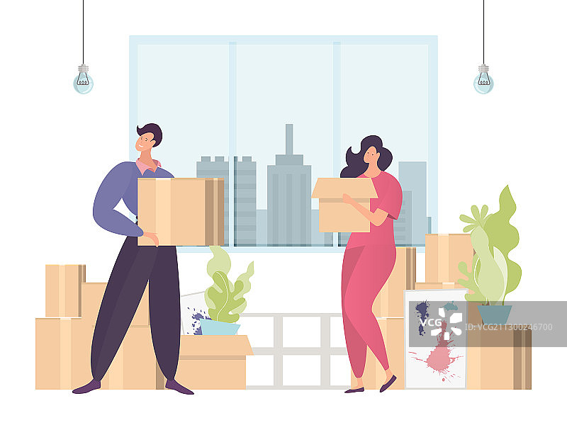 将盒子运输到新的地点的彩色移动概念图片素材