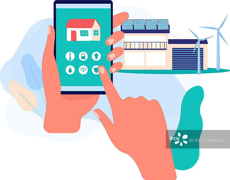 带有在线控制风力涡轮机的房屋图片素材