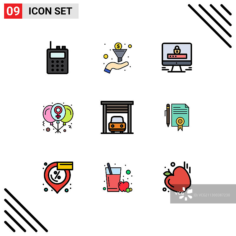 象形图设置9个简单的填充线平色图片素材