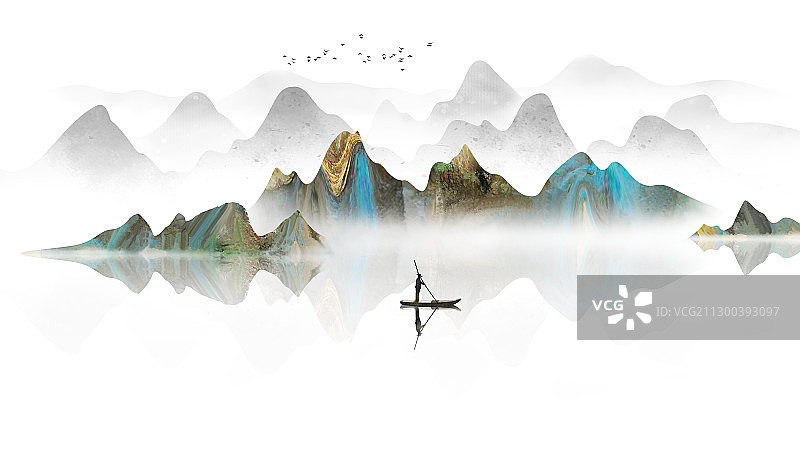 手绘抽象中式山水画图片素材