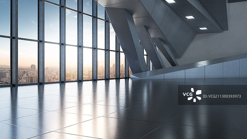 三维渲染的金属质感落地窗室内结构图片素材