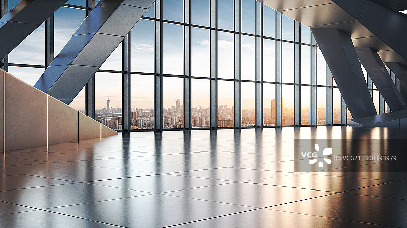 三维渲染的金属质感落地窗室内结构图片素材
