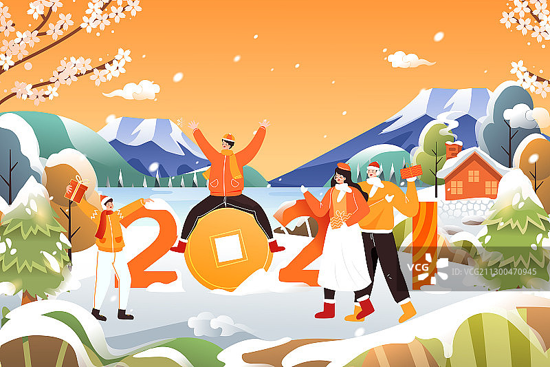 卡通新年春节牛年大吉冬季家人电商年货节元旦新年中国风矢量插画图片素材