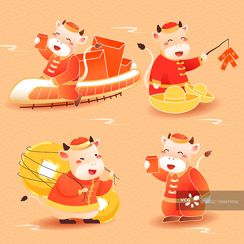 卡通新年春节牛年大吉春运回家过年家人团圆电商中国风矢量插画图片素材
