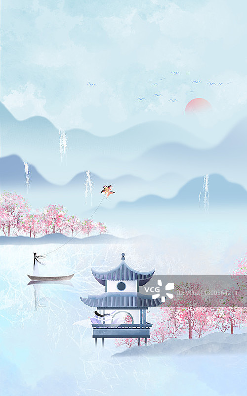 中国风湖心泛舟水墨山水风景图片素材