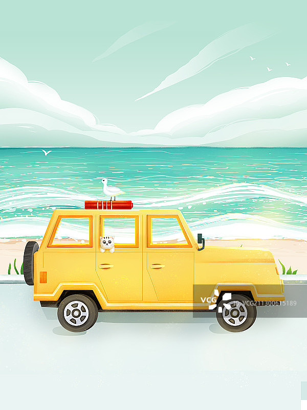 海边公路上的黄色吉普车图片素材