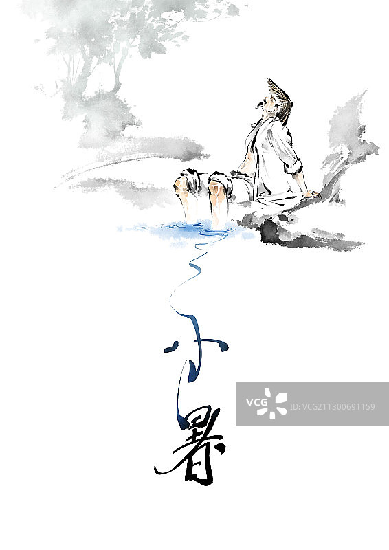 水墨画：农夫水中嬉戏图片素材