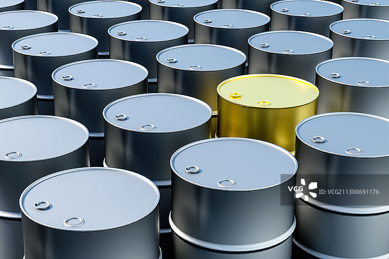 金色油桶居中的金属油桶3D插画图片素材