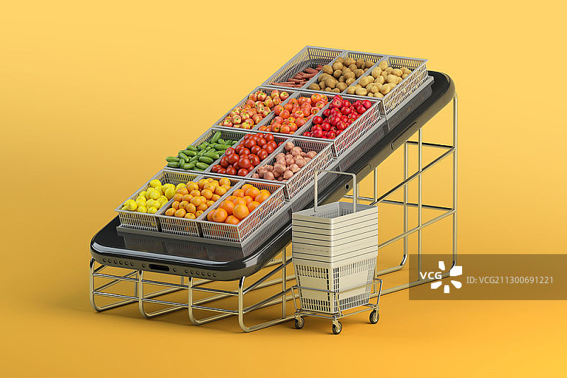3D插画：用手机展示装满新鲜水果的购物篮图片素材