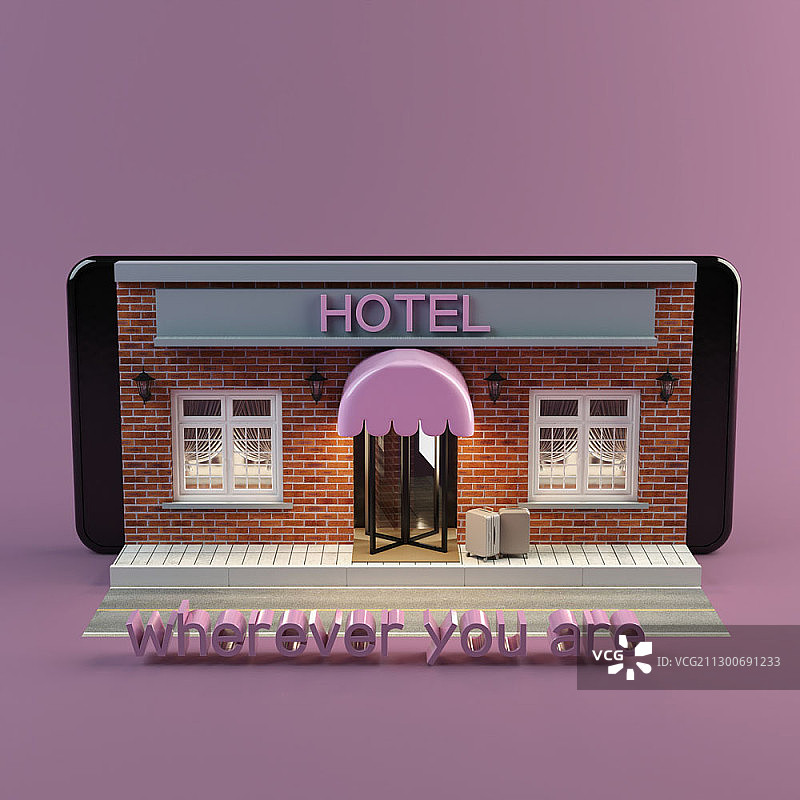 手机屏幕酒店正面3D插画图片素材