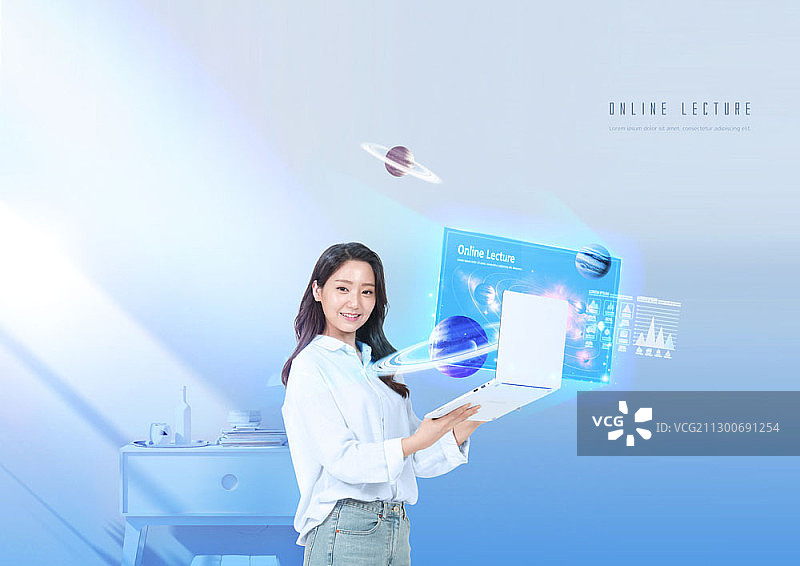 亚洲女性手持笔记本电脑的在线教育合成图图片素材