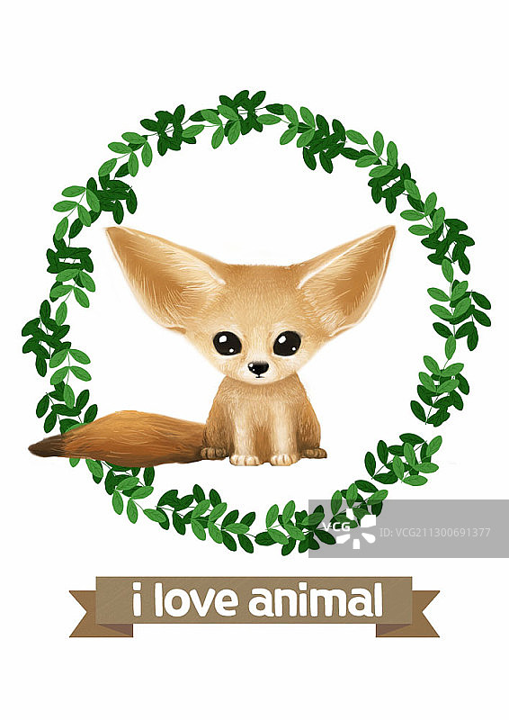 带绿叶框的耳廓狐插画图片素材