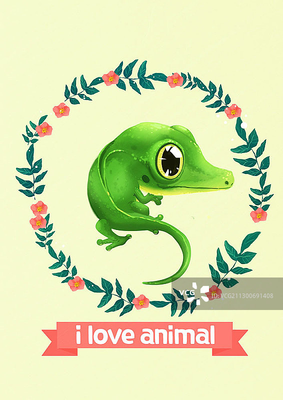 绿色蜥蜴与花叶边框插画图片素材