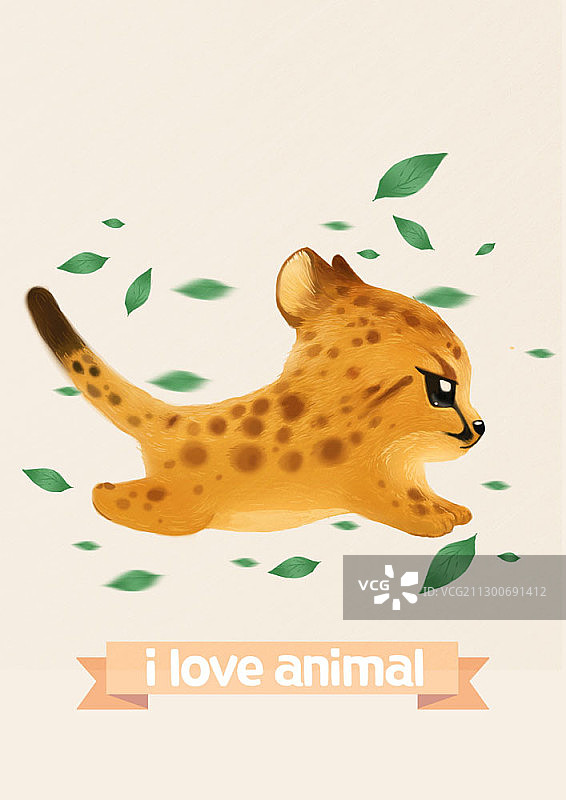 带树叶的猎豹幼崽插画图片素材
