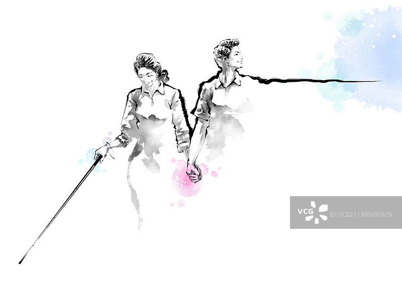 水墨画：男人牵着盲人妇女的手图片素材