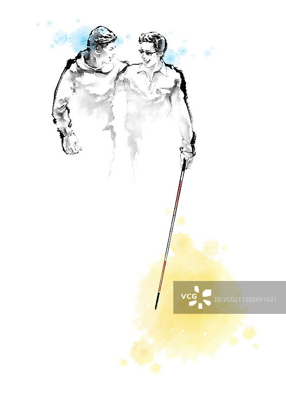 水墨画：男子扶盲人图片素材