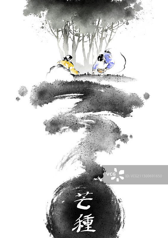 水墨画：身穿韩服的韩国女子播种图片素材