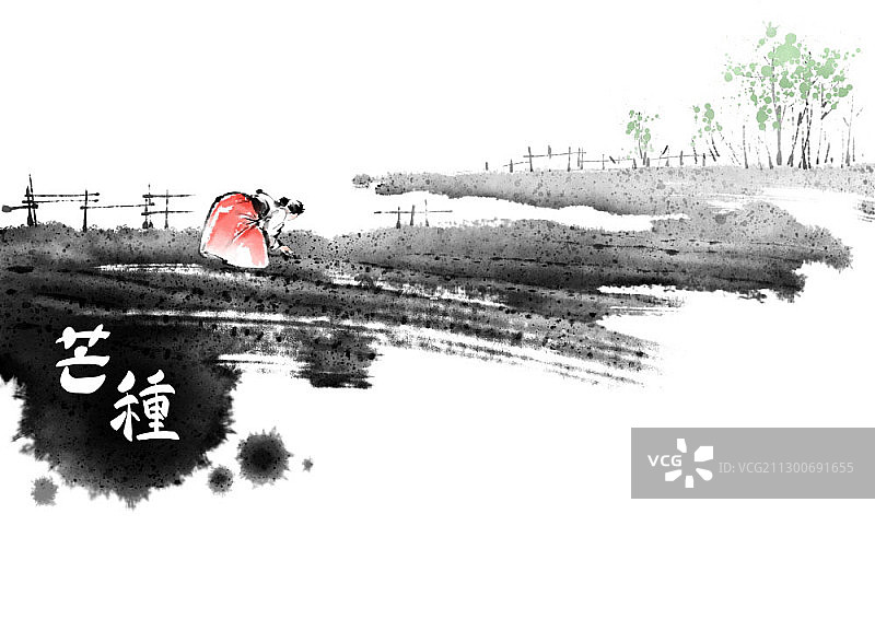 水墨画：穿着韩服的韩国女人在农田中播种图片素材
