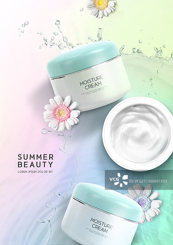 花朵装饰的补水霜包装水背景合成图图片素材