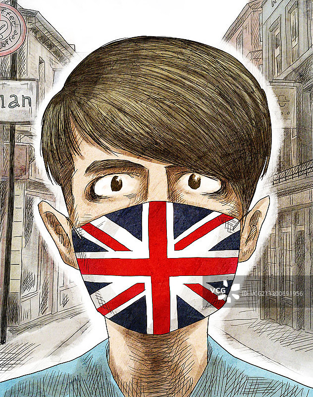 卡通风格：戴英国国旗口罩的男人图片素材