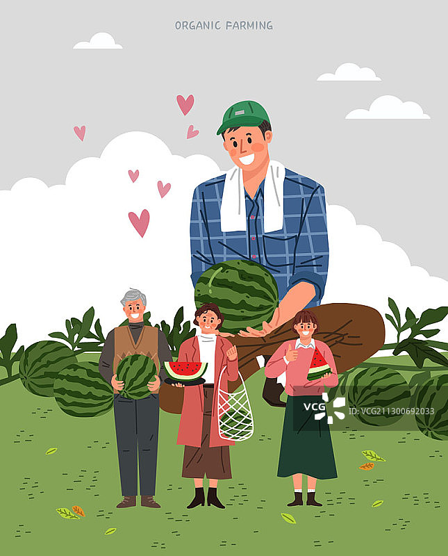农民采摘西瓜和顾客矢量插图图片素材