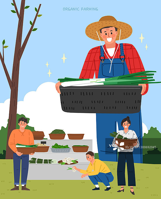 矢量插画：农民收获葱和顾客图片素材