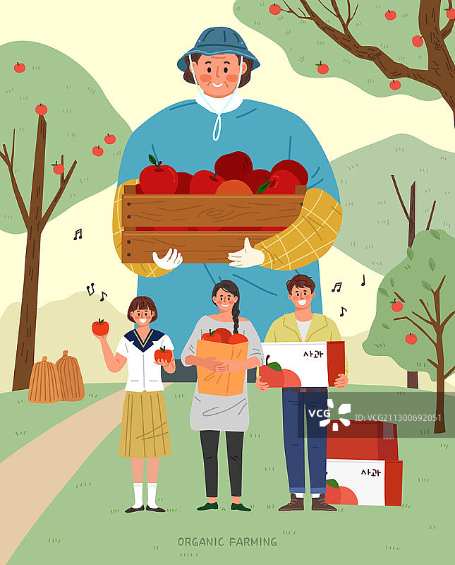 农民收获苹果和顾客矢量插画图片素材