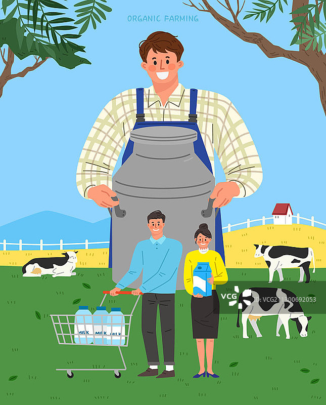 农民收获牛奶和顾客的矢量图图片素材