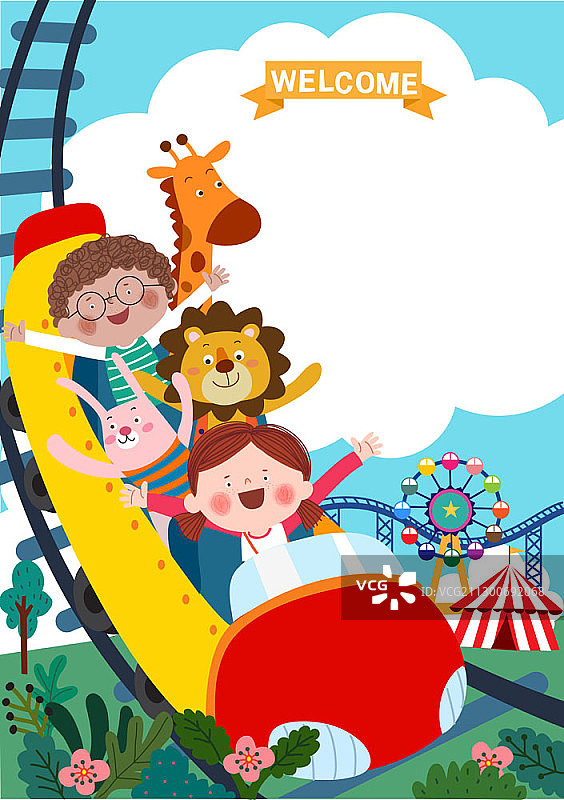 儿童与动物乘坐过山车矢量图边框模板图片素材