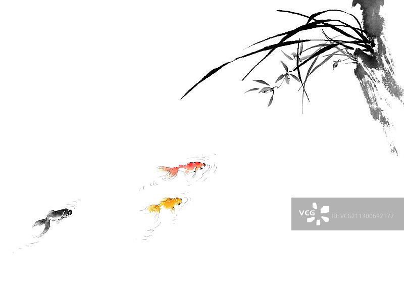 水墨画：自然风光与金鱼图片素材