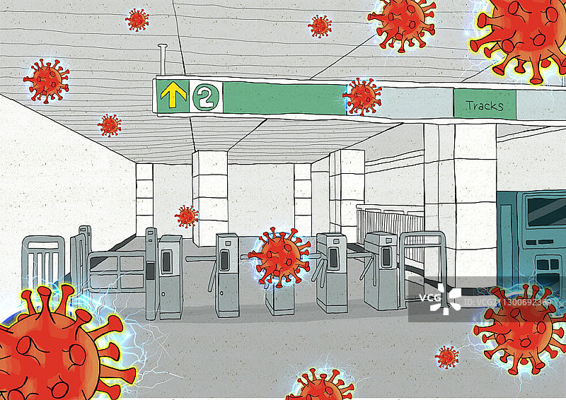 地铁站入口处漂浮的病毒插画图片素材