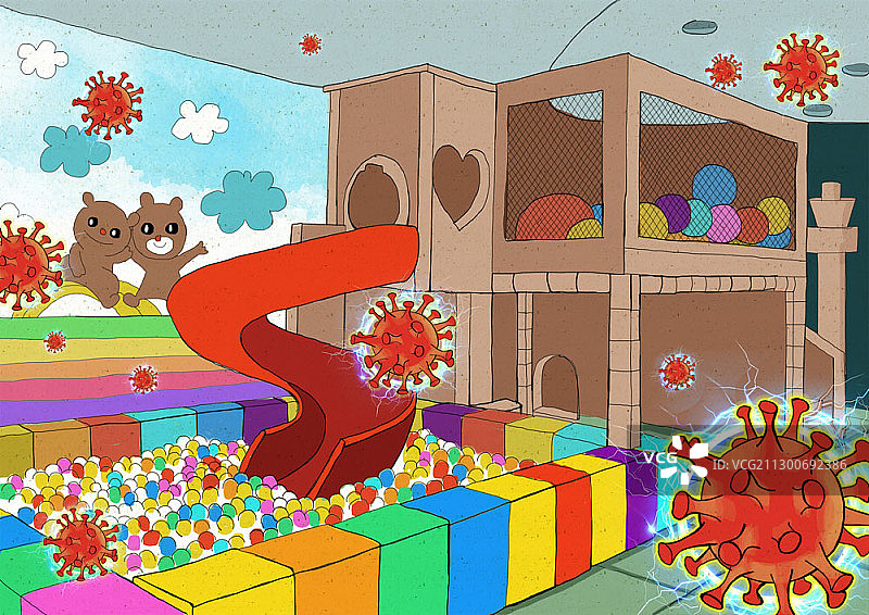 儿童游戏室漂浮病毒插画图片素材