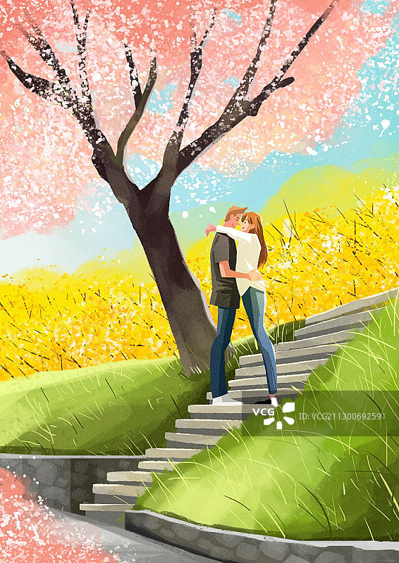 情侣站在楼梯上，周围是樱花和连翘图片素材