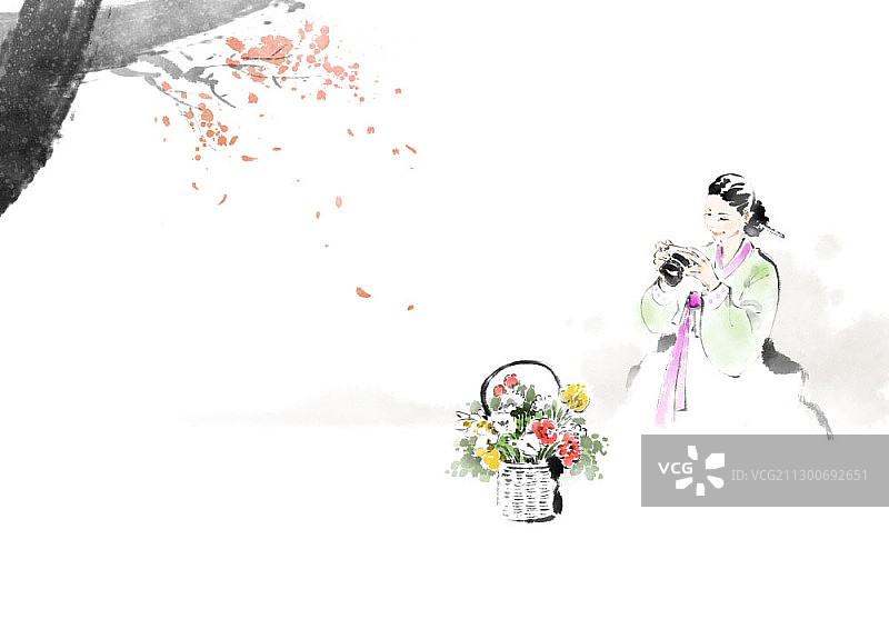 拍摄花篮的女子彩色水墨画图片素材