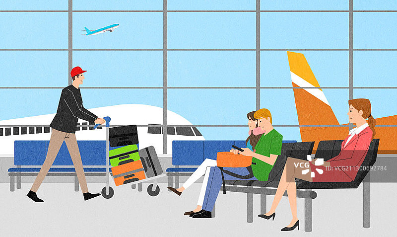人们坐在椅子上等待登机图片素材