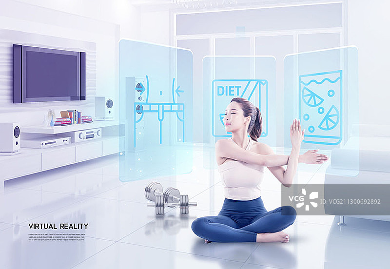女子在客厅做瑜伽，配有全息屏幕图片素材