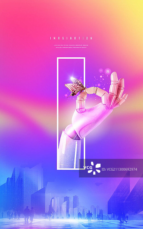 机器人手持蝴蝶合成图图片素材