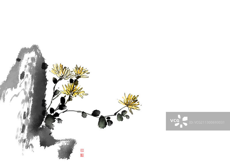 水墨风岩石菊花图片素材