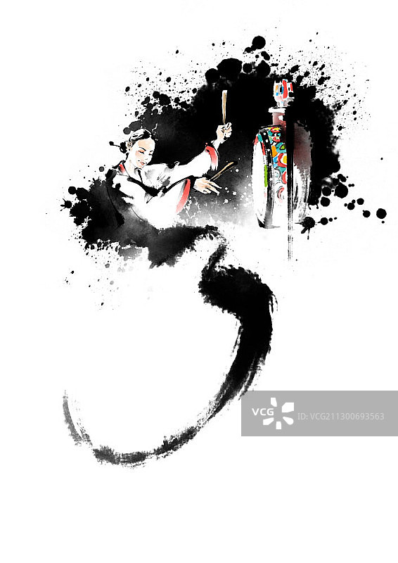 韩国女子鼓舞者水墨画图片素材