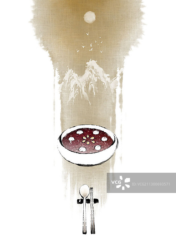 雪景红豆粥的彩色水墨插画图片素材