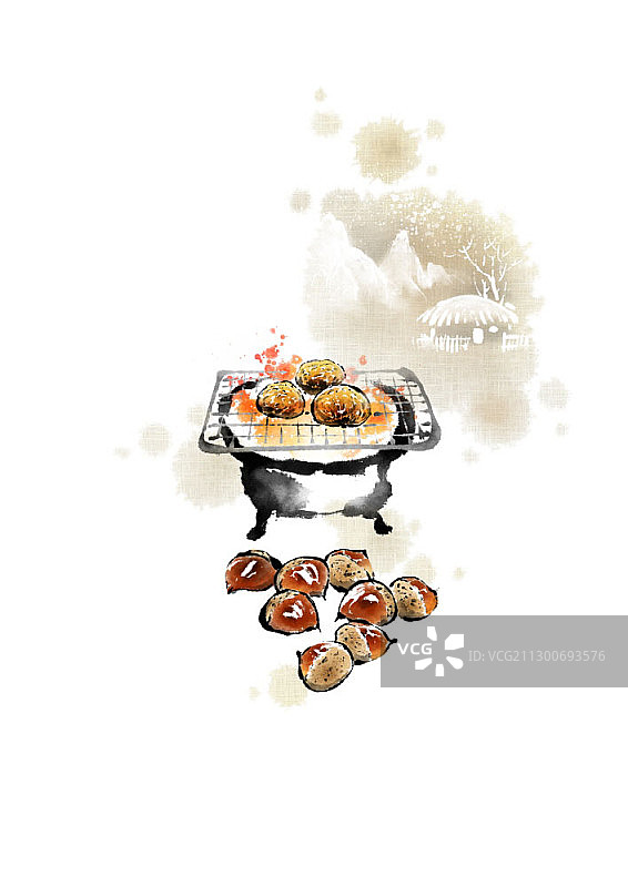 雪景栗子彩色水墨画图片素材