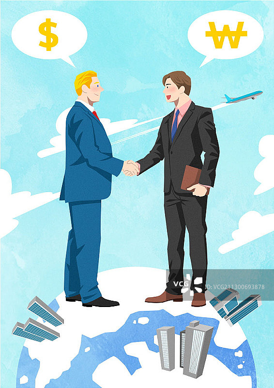 与地球仪上的外国商人握手的商人图片素材