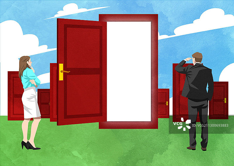 商务人士在众多门前思考图片素材