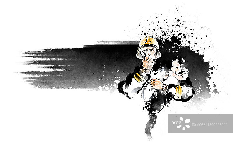 消防员营救儿童的彩色水墨画图片素材