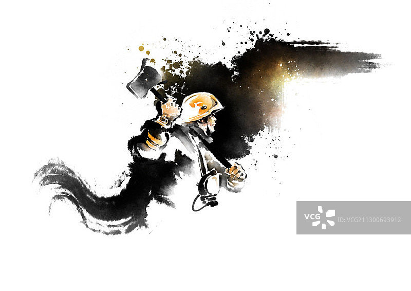 消防员试图破门而入的彩色水墨画图片素材