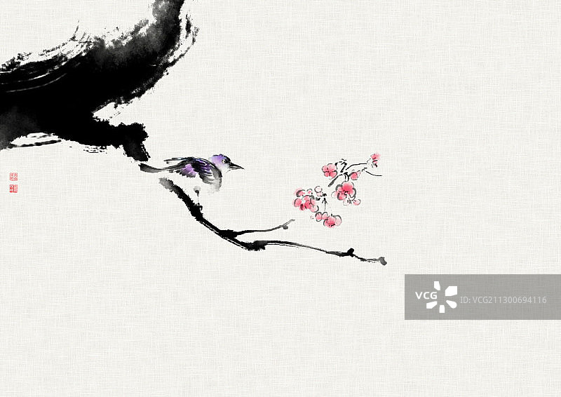 彩色水墨画枝头小鸟图片素材