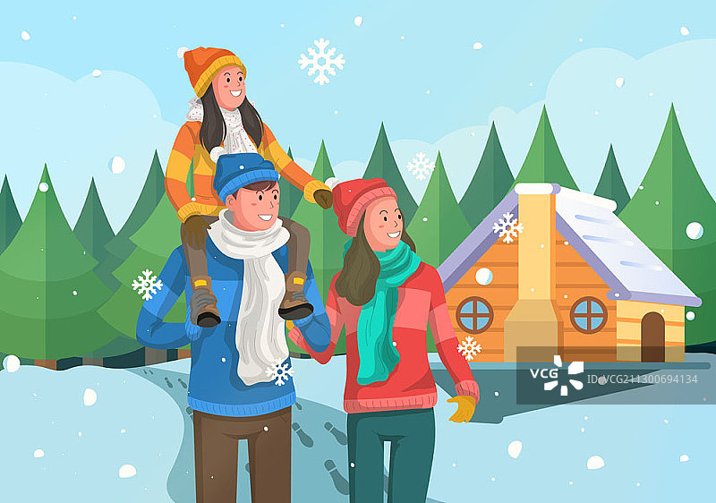 家人在雪地中散步图片素材