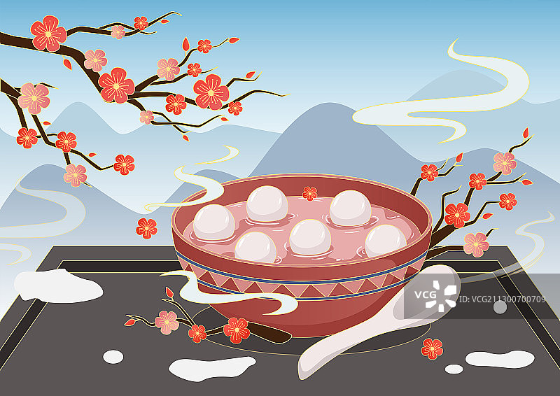 冬至元宵汤圆梅花国风插画图片素材