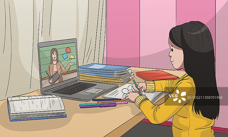 女学生用笔记本电脑上网课图片素材